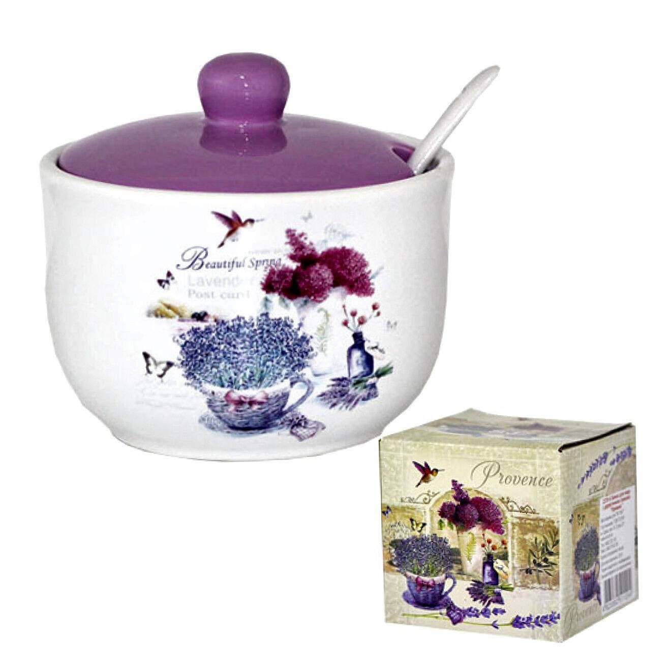 STPGoods Lavender Ceramic Jar with Spoon Lidded Sugar Bowl 15 oz Canister Purple