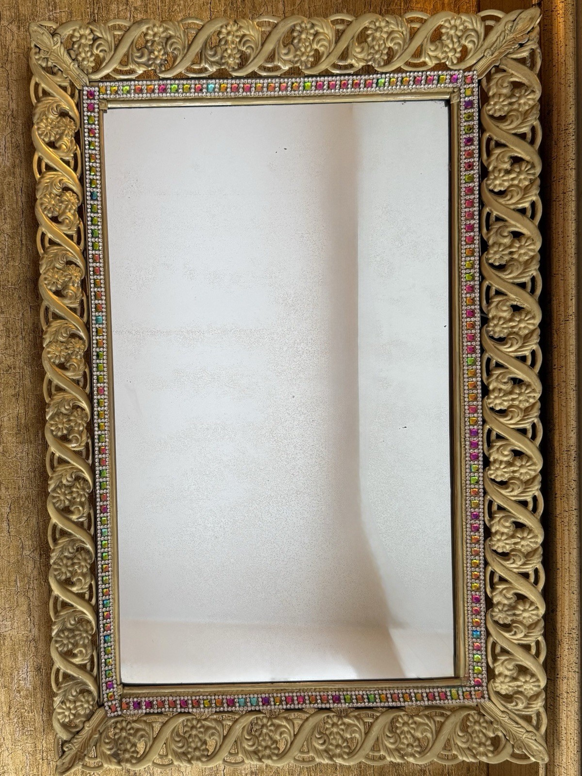 VTG Hollywood Regency Ornate Mirrored Vanity TRAY Wall Mirror Rhinestone Footed