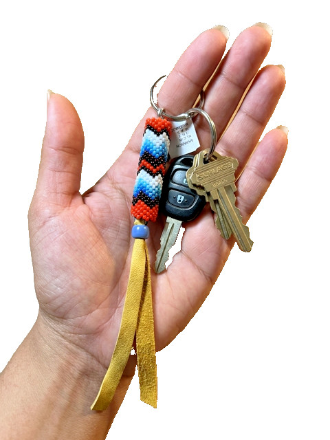 Navajo Handmade Peyote Stitch Beaded Key Chain w/ Leather 6.5 in