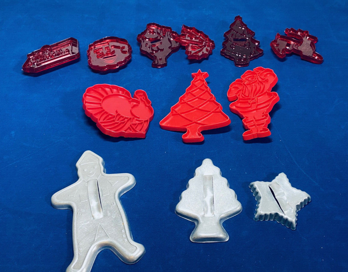 Vintage Hard Red Plastic HRM and Metal Cookie Cutters Lot of 12 Holiday Kitchen