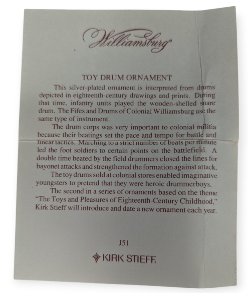 Vintage Kirk Stieff Williamsburg Tin Drum Silver Plated Christmas Ornament 3″