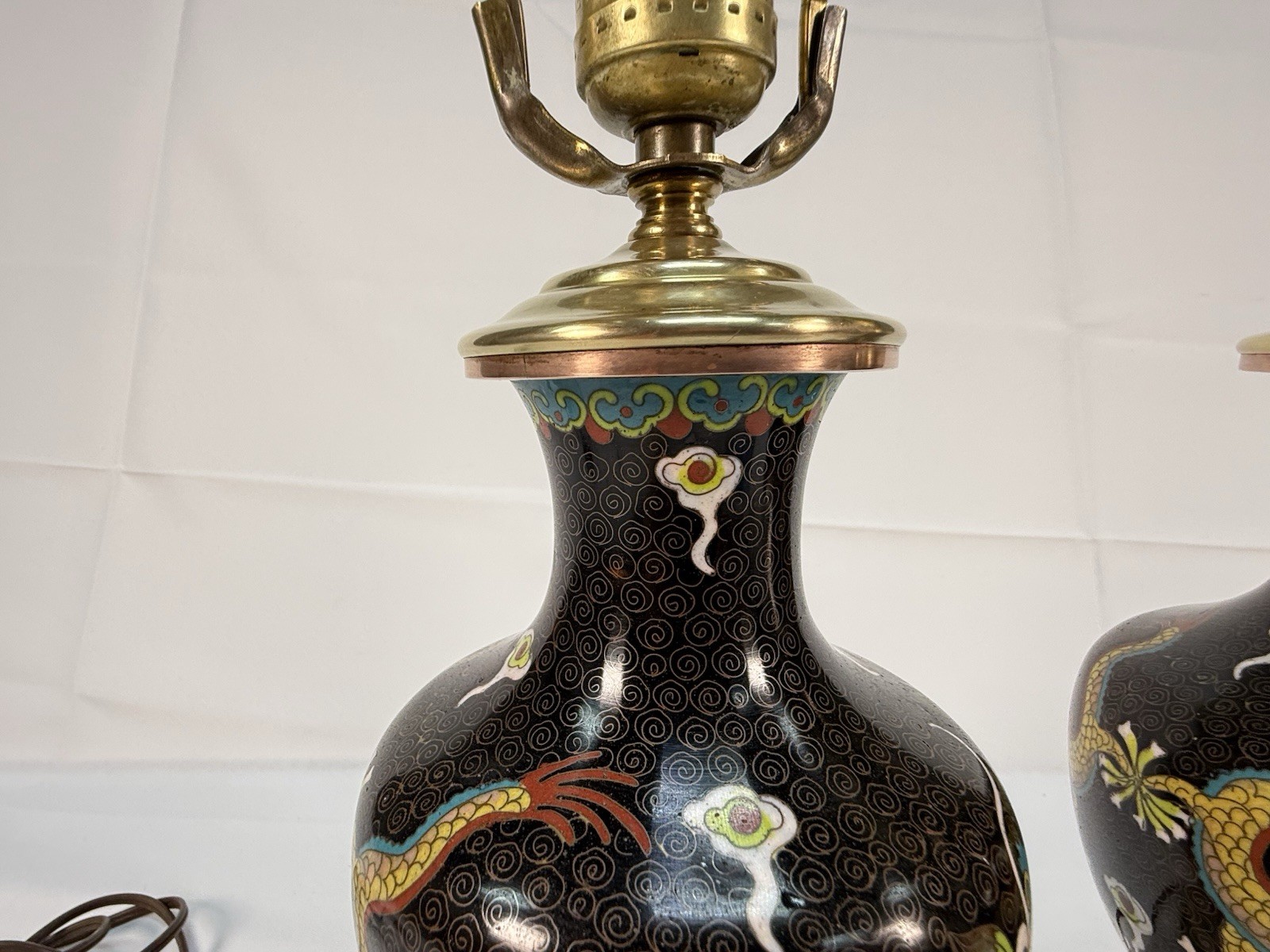 Pair VTG Chinese Cloisonné Dragon Lamps Black Enamel Imperial 5 Claw Brass 20″