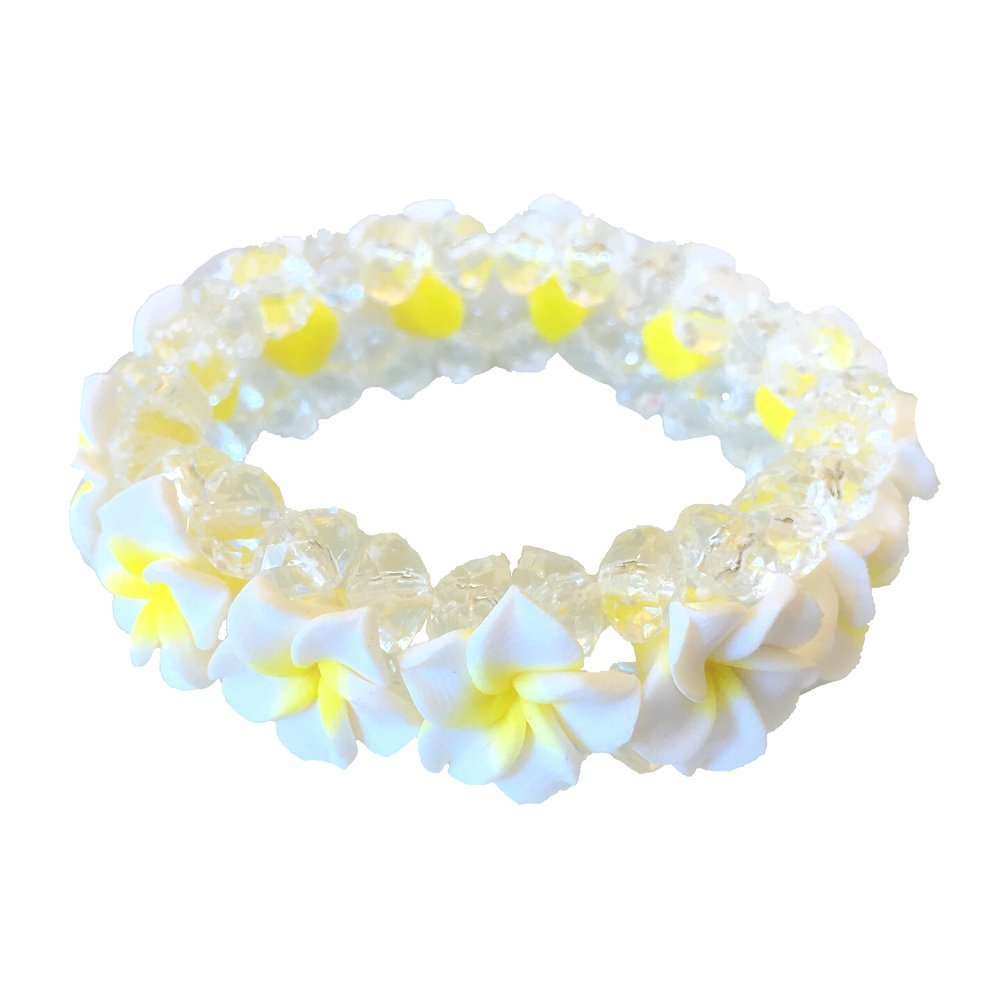 Hawaiian White Fimo Plumeria Flower Clear Beads Elastic Bracelet Maui Hawaii