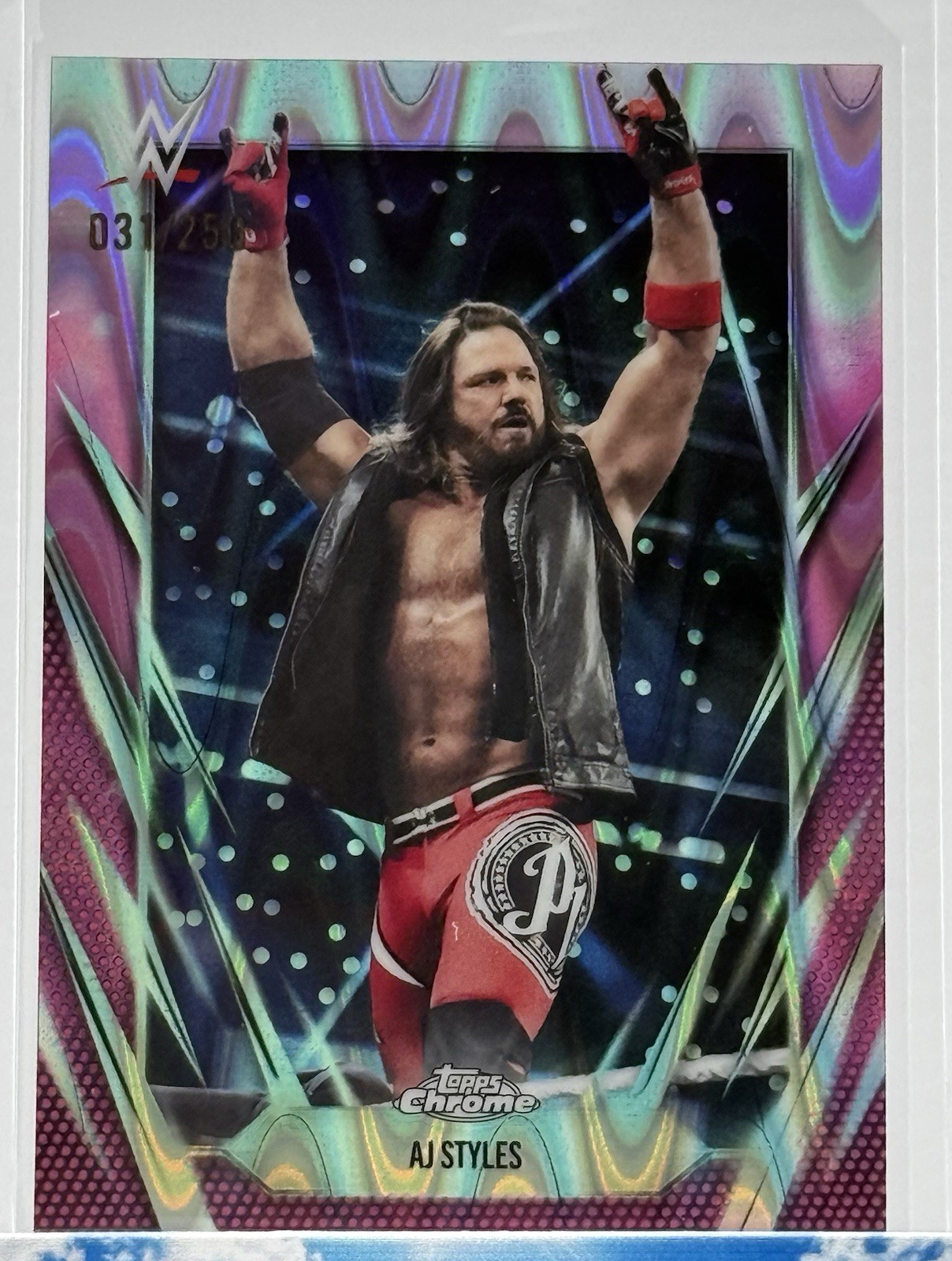 Topps 2026 Topps Chrome WWE AJ Styles #47 Serial Numbered /250 Pink Ray Wave