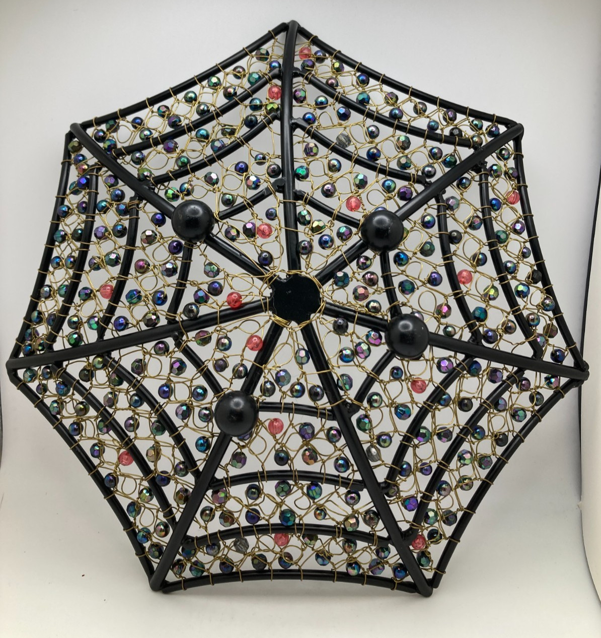 Wire Decor Basket Tabletop Multicolor Glass Beads Star Shape 9″