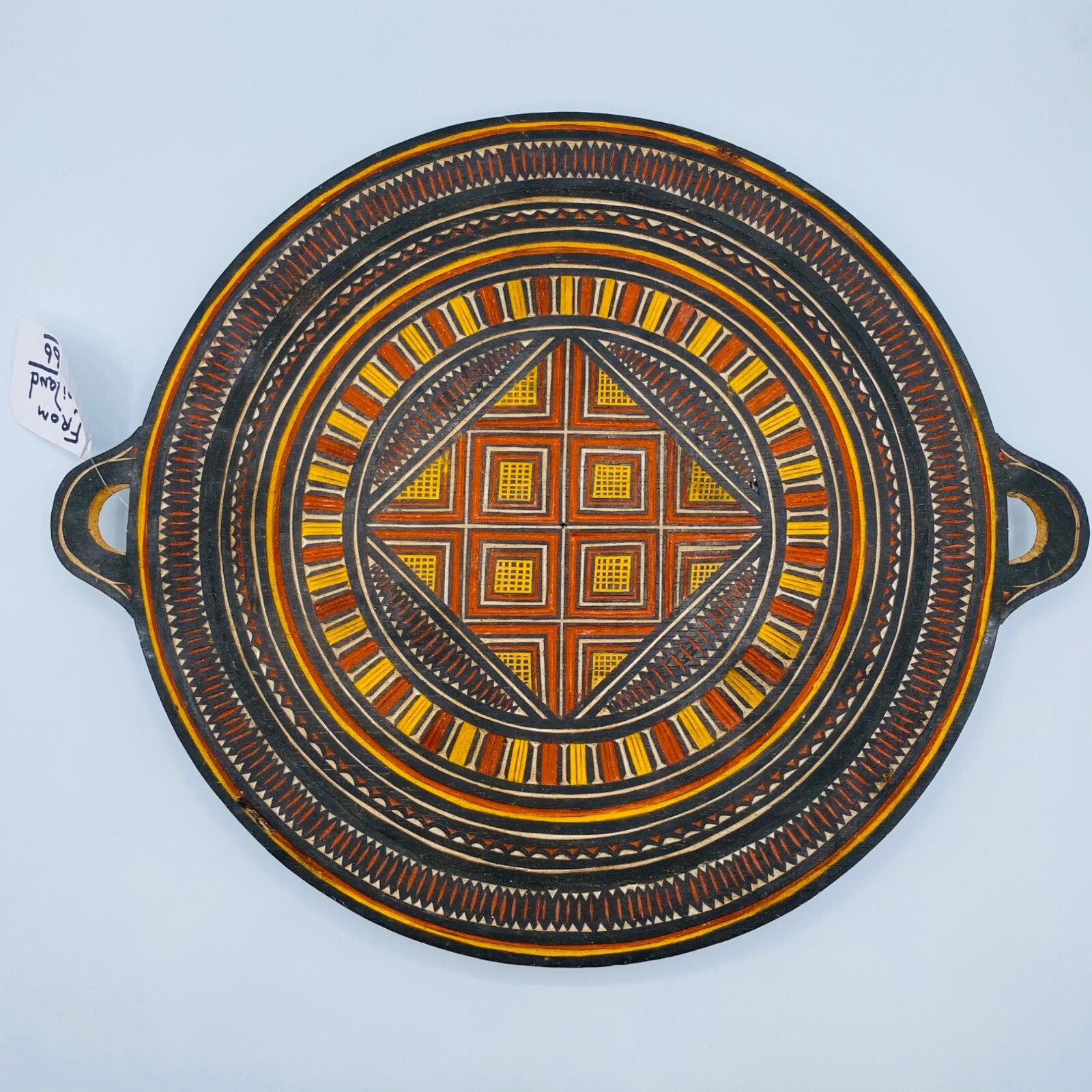Vintage Handcrafted Thai Wooden Serving Tray Wall Decor Geometric Painted 1966