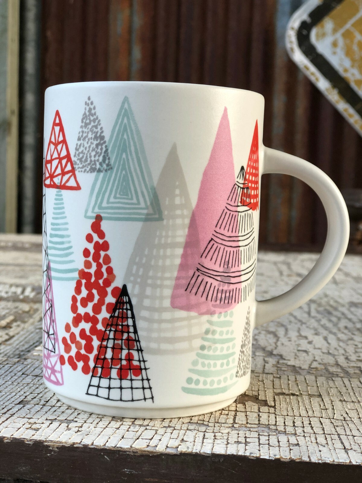 STARBUCKS White Modern Colorful Christmas Trees 12oz Coffee Cup Mug Holiday 2017