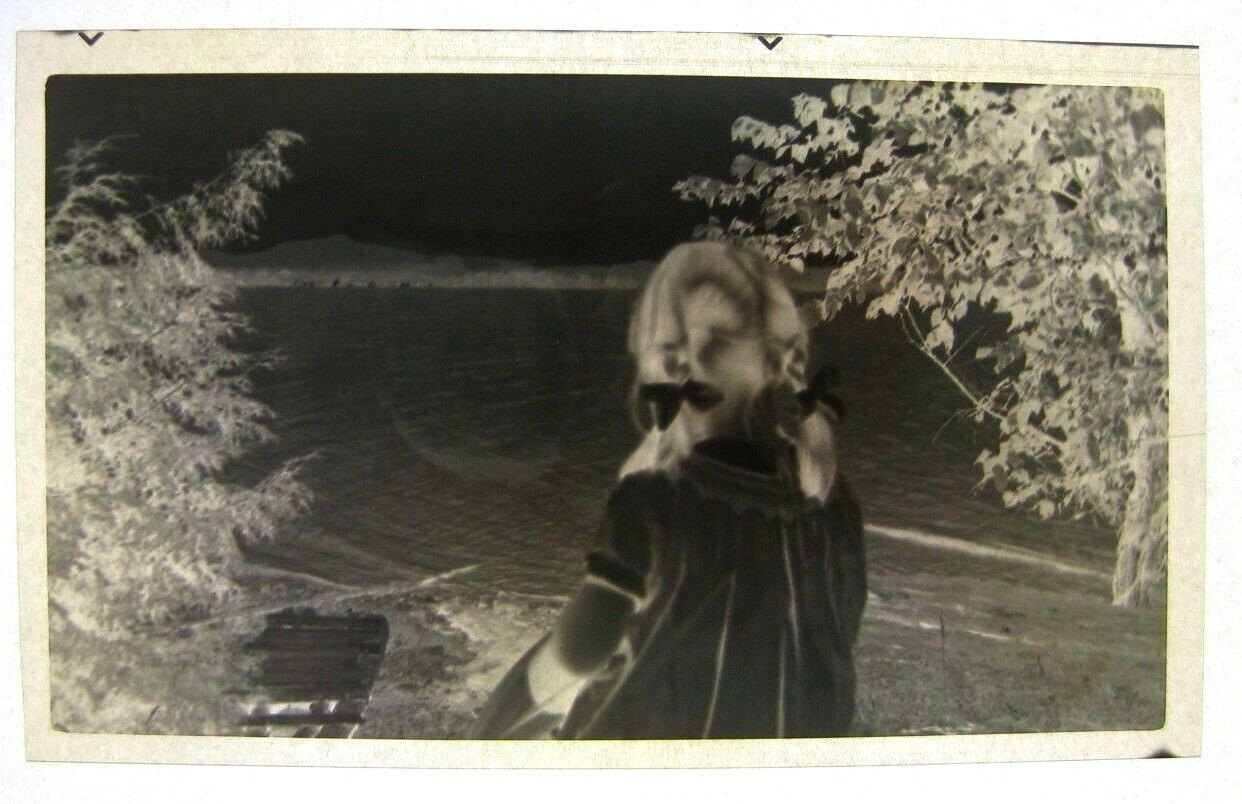1930s Pigtails Girl Lake Vacation Americana Vtg Photo Negative 4.25 X 2.75 C