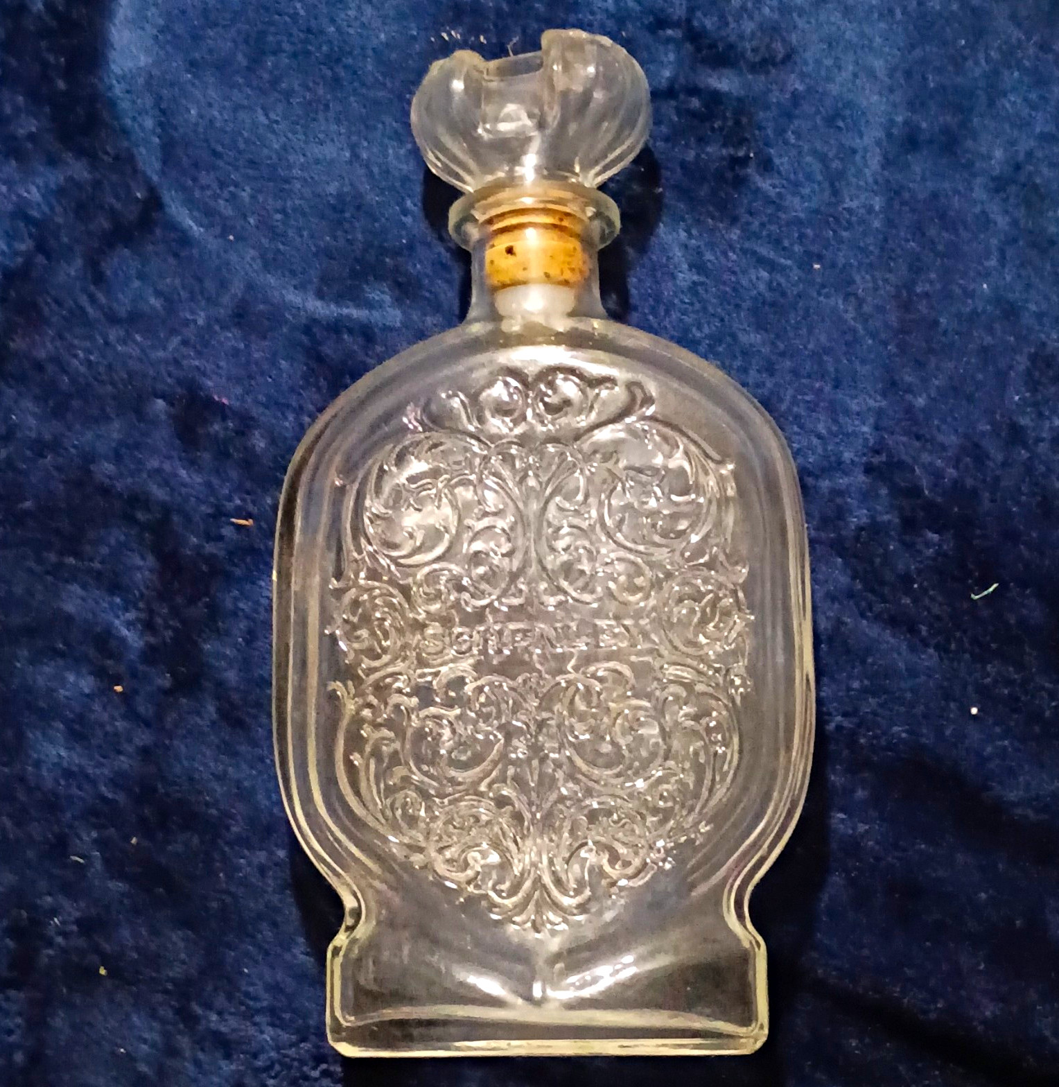 Clear Rectangular Glass Decanter Bottle, Embossed Floral Pattern w/ Stopper