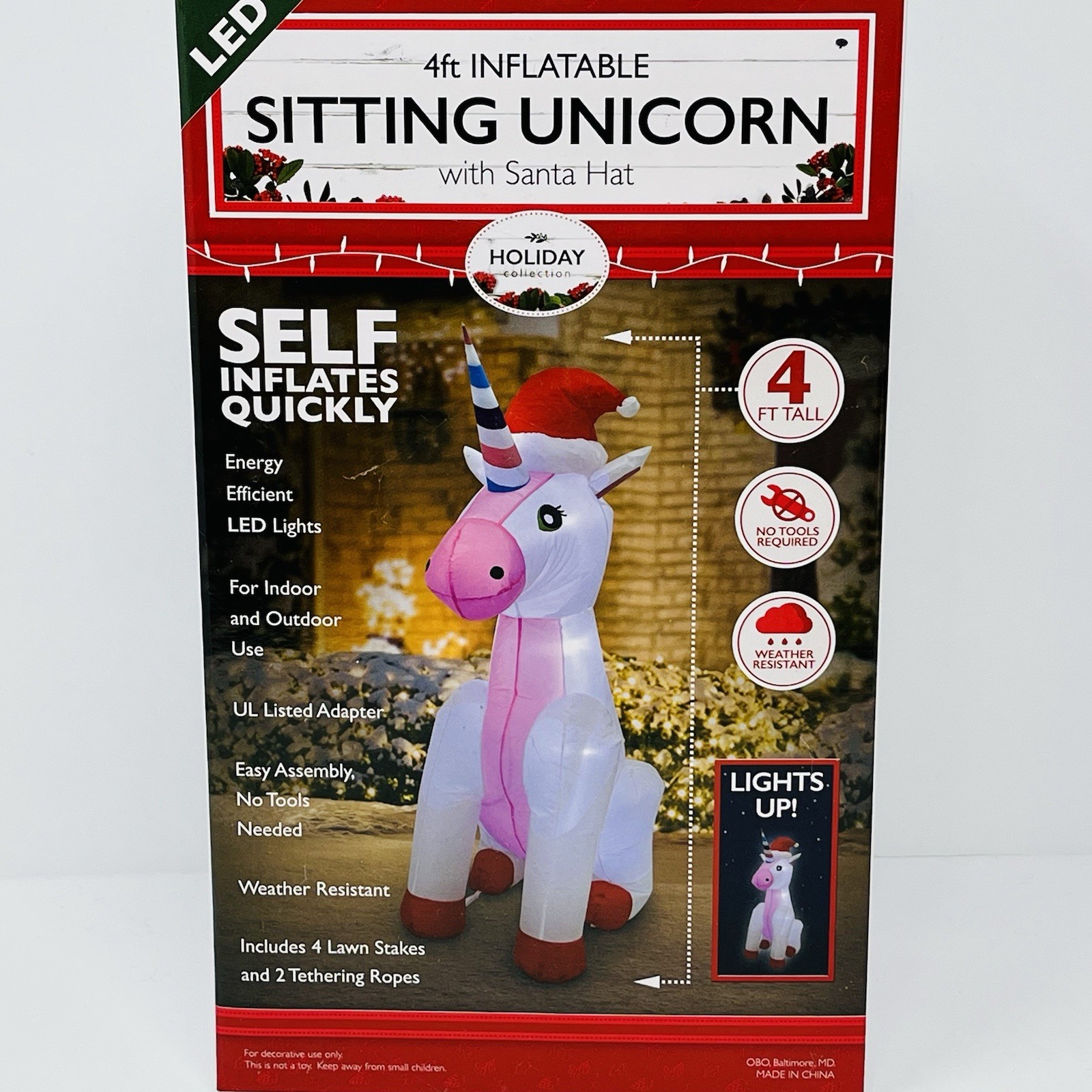 Holiday Collection 4 FT Inflatable LED Unicorn w/ Santa Hat Christmas Yard Decor