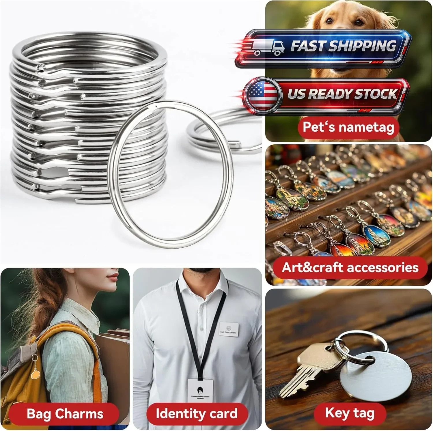 100PCS Bulk Keychains Set Split Keychains Rings with Chain 1 Inch Key Rings