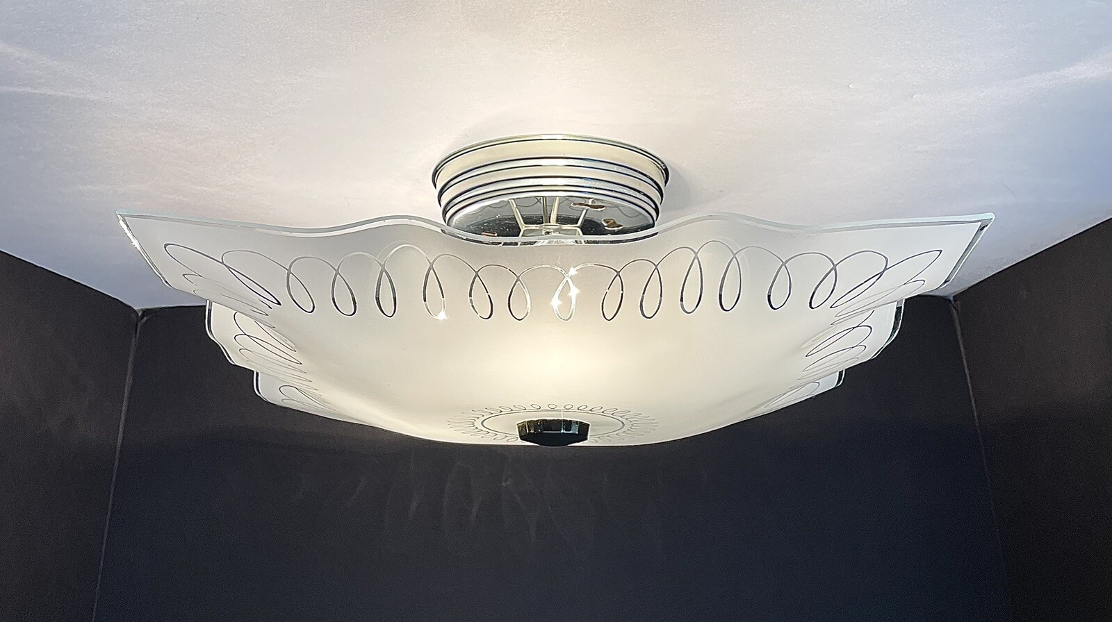 Vintage 50s 60s Mid Century Retro Atomic Figured Glass Ceiling Light Fixture