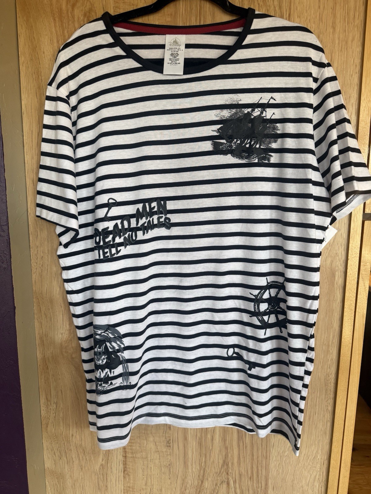 Disney Parks Pirates of the Caribbean Dead Men White Black Striped Shirt L NWT