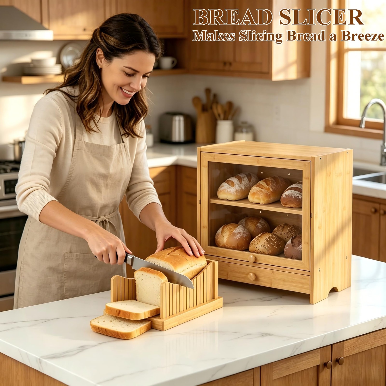 Extra Large Bread with Slicer 2 Tier for Homemade Bread, Wood Bread with Cutt…
