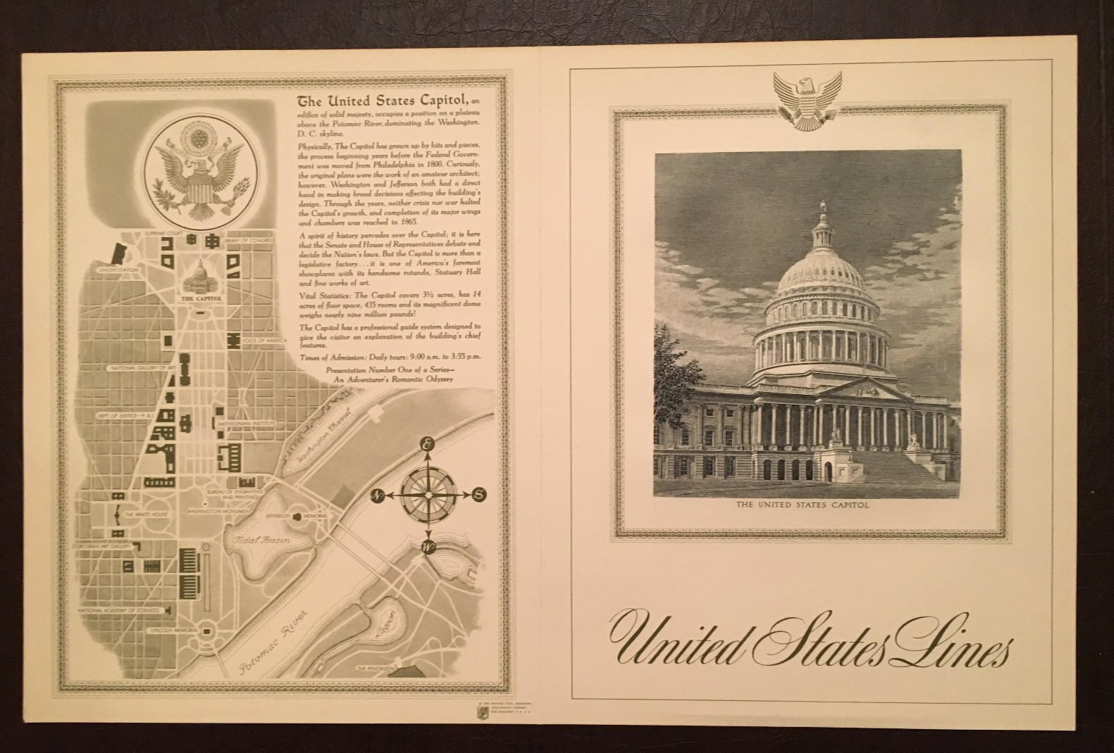 SS UNITED STATES MENU COVER – “AN ADVENTURER’S ROMANTIC ODYSSEY” – U.S. CAPITOL