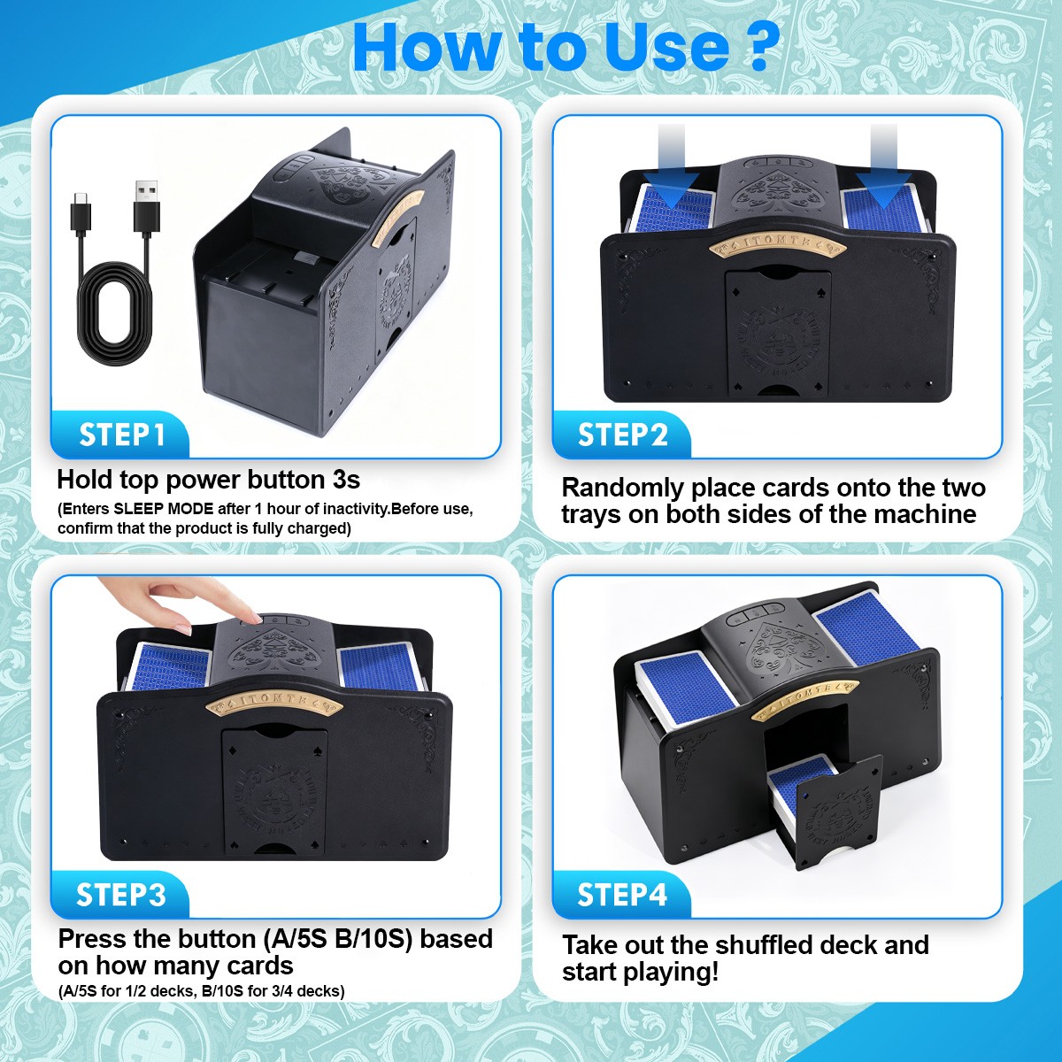USB Plug in Automatic Card Shuffler for 1-4 Decks, Electric Playing Cards Shuff