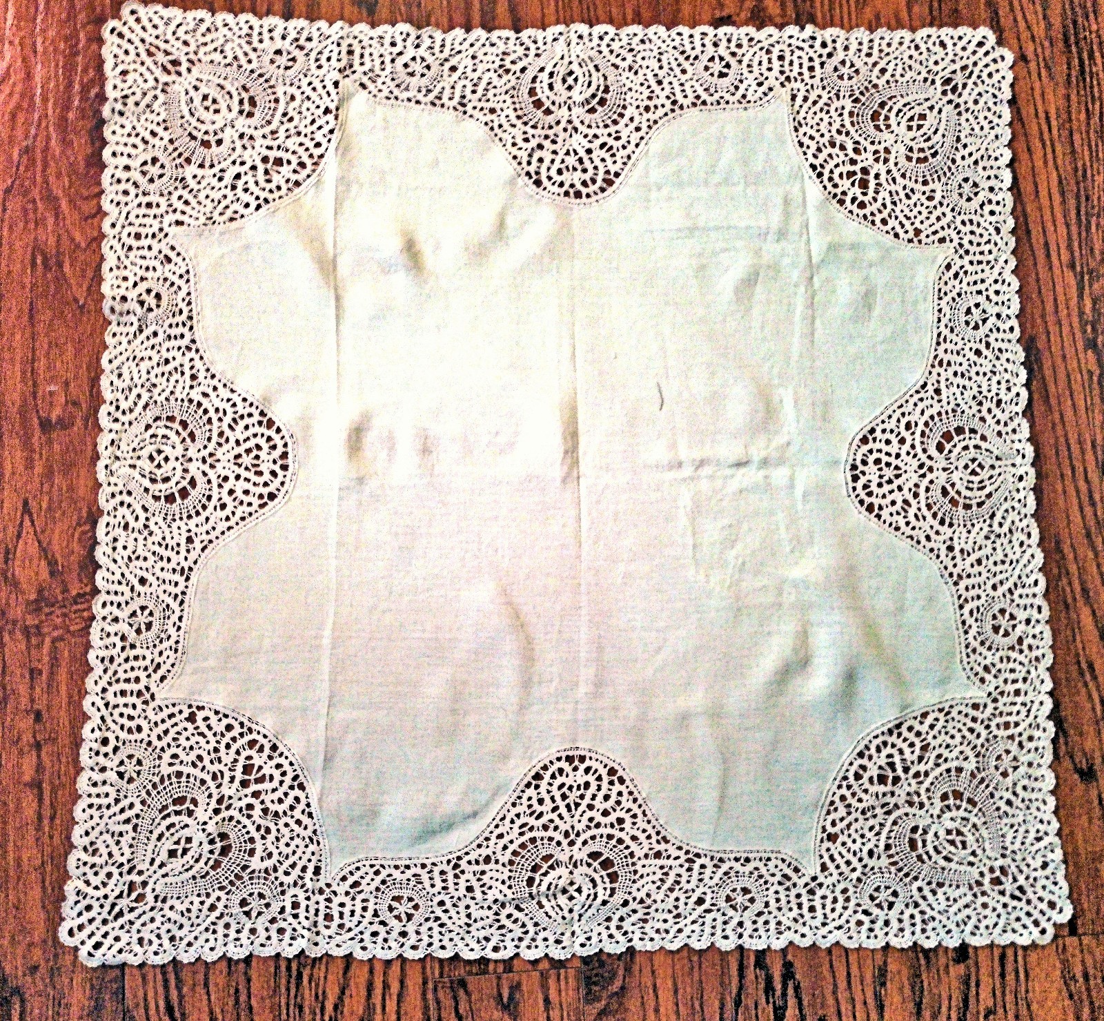Vtg Table Topper 34″ Square Beige Linen Custom-Cut 7″ Deep Handmade Lace