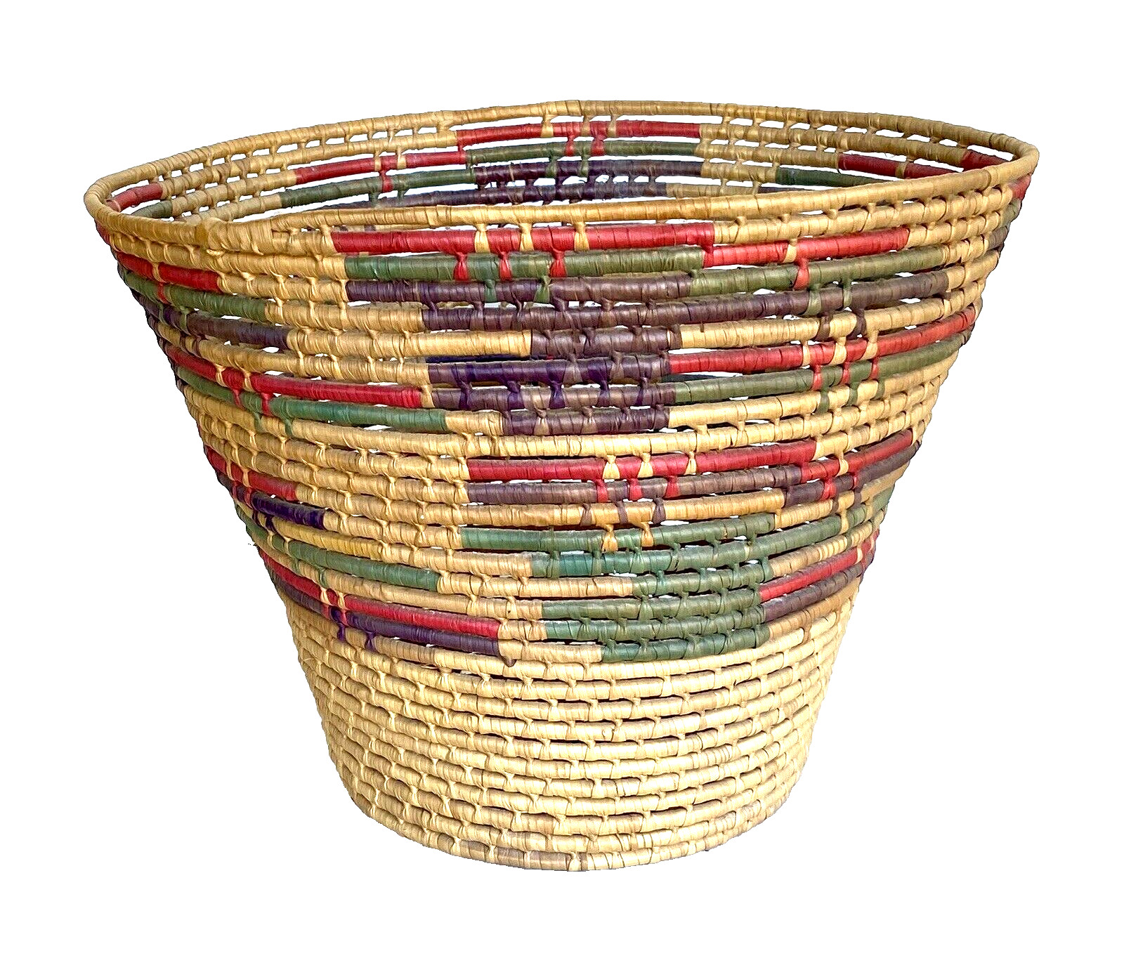 Vintage Toluca Valley Hand Woven Folk Art Waste Basket, Mexico 8-3/8″ Tall