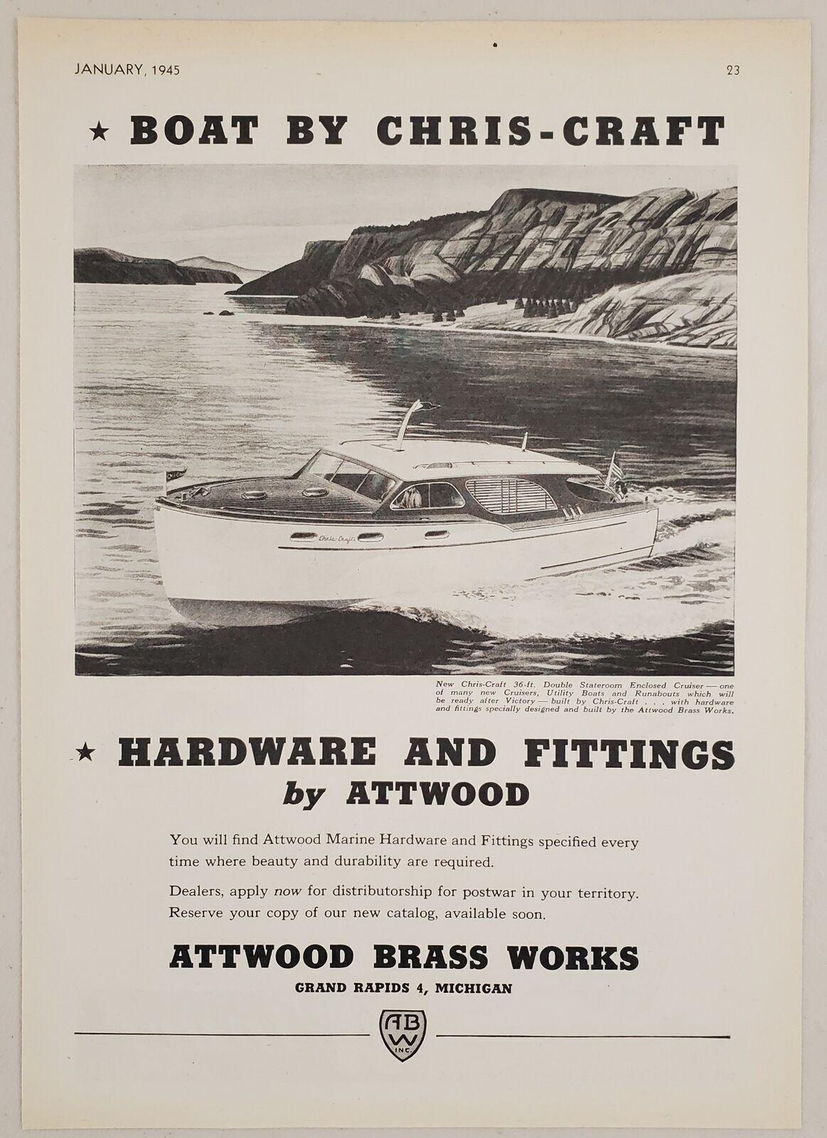1945 Print Ad Chris-Craft 36-Ft Enclosed Cruiser Attwood Brass Grand Rapids,MI
