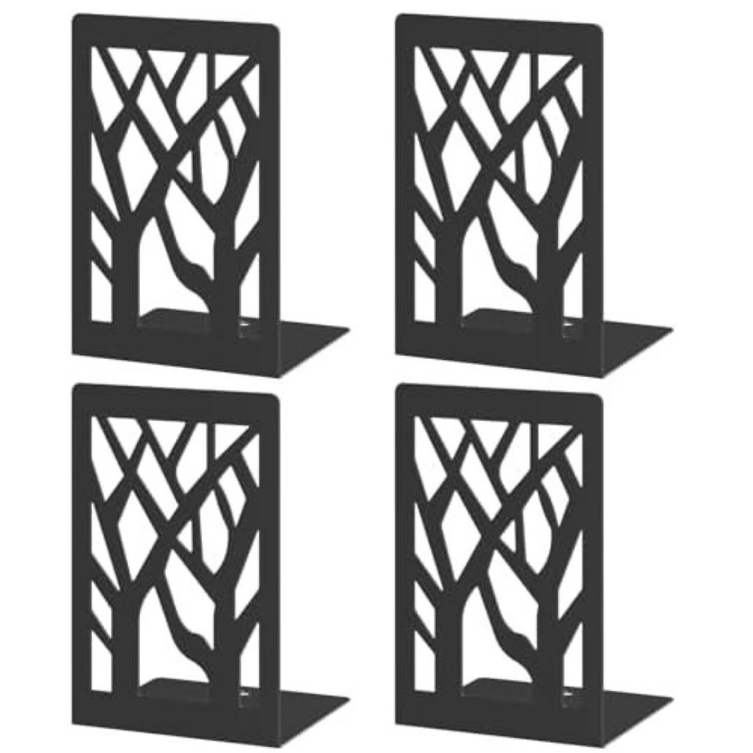 Bookends 4 Pieces, Modern Metal Bookends for Shelves, Black Tree Book Ends for B