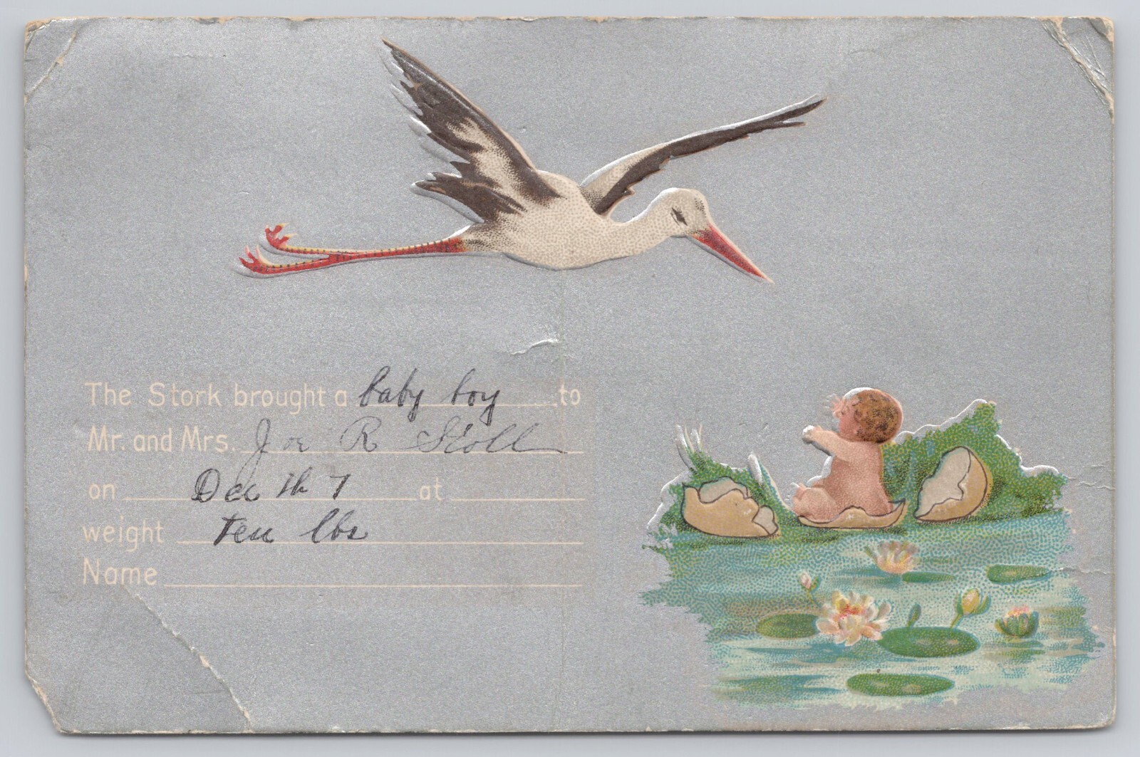Vtg Post Card Birth Announcement Stork With Baby Breaking out of Egg D401