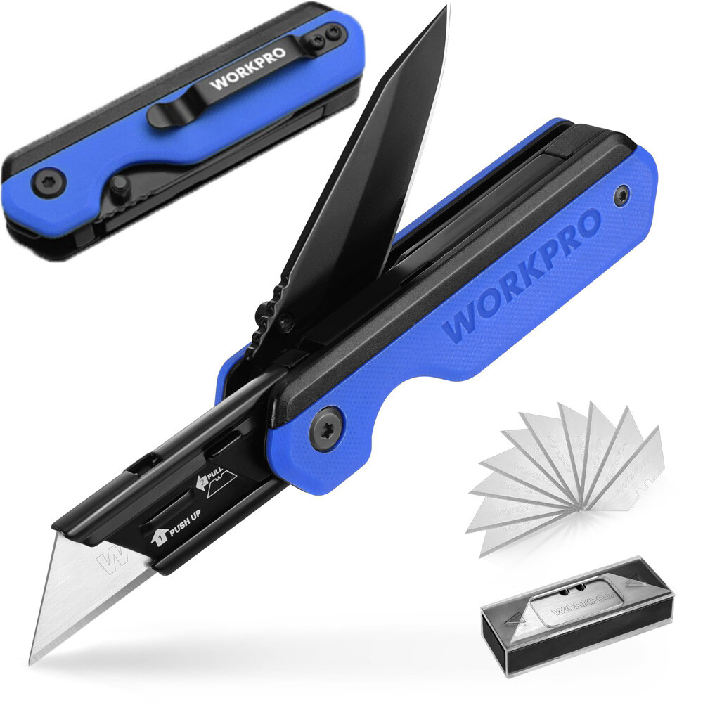 WORKPRO 2-in-1 Folding Utility Knife Pocket Knife Box Cutter Quick-Change Blades