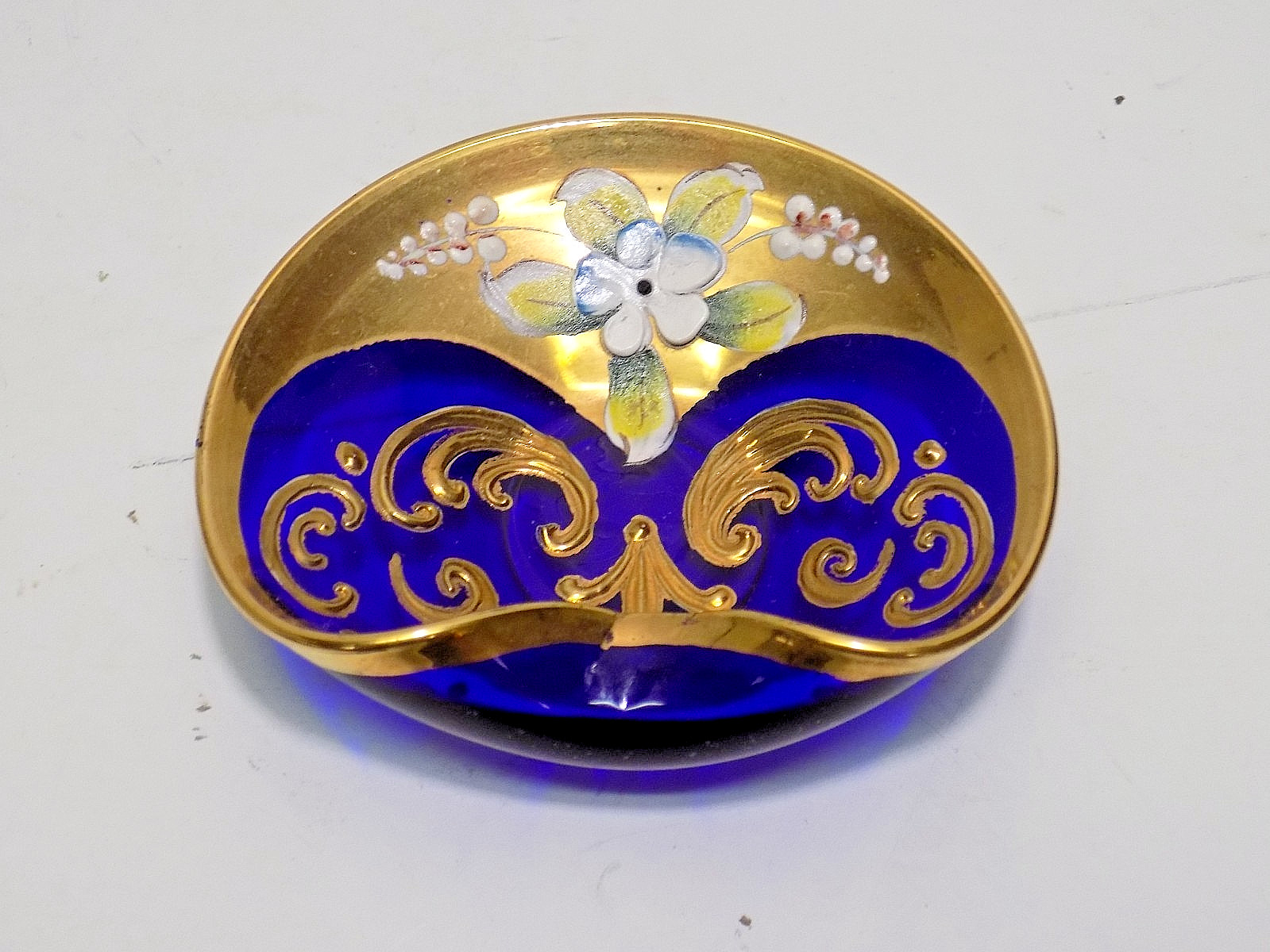 2 MURANO Ruby / Cobalt Glass Hand Painted Enameled Flowers Gilded Trinket Dishes