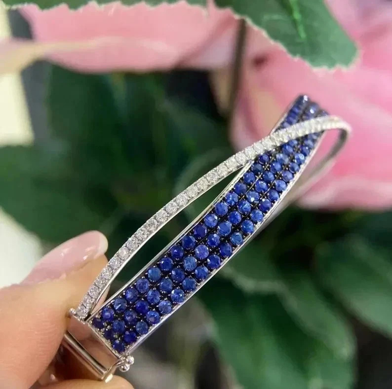 Sapphire & Diamond Crossover Bangle Bracelet 14K White Gold Over 7.75″ Women’s
