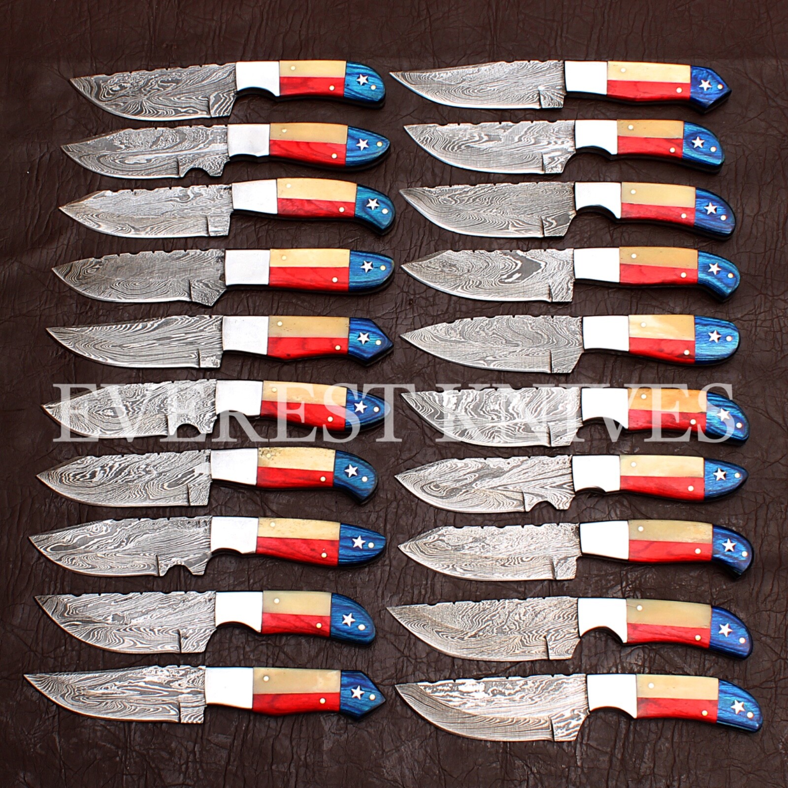 LOT OF 20 CUSTOM HANDMADE DAMASCUS STEEL MIX HUNTING TEXAS FLAG SKINNER KNIVES