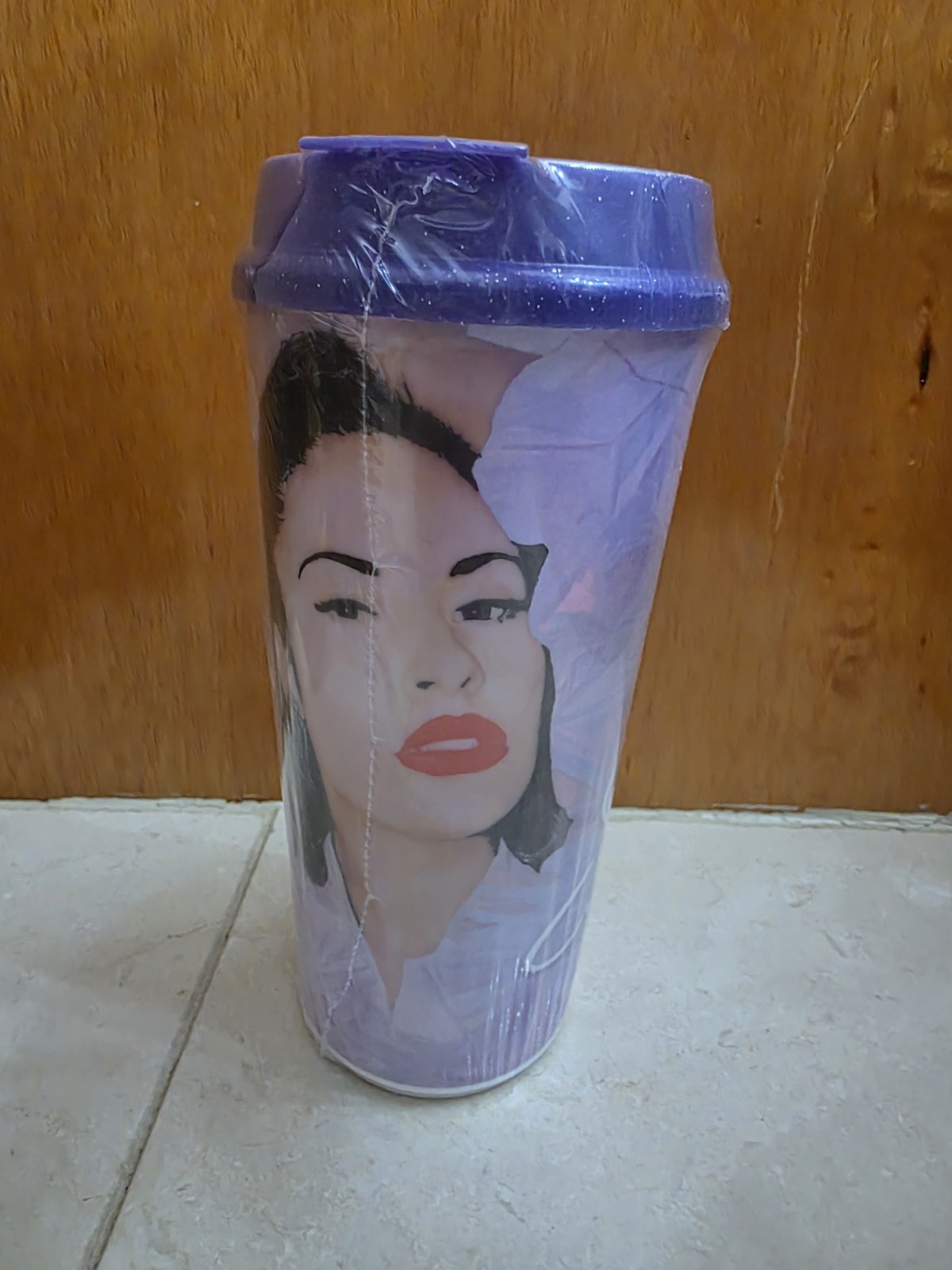 Selena 25 Purple White Printed Travel Mug With Lid Drink Through Plastic
