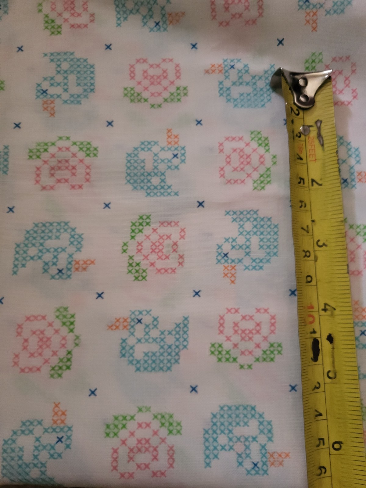 Vintage faux cross stitch print baby ducks & flowers fabric material nursery