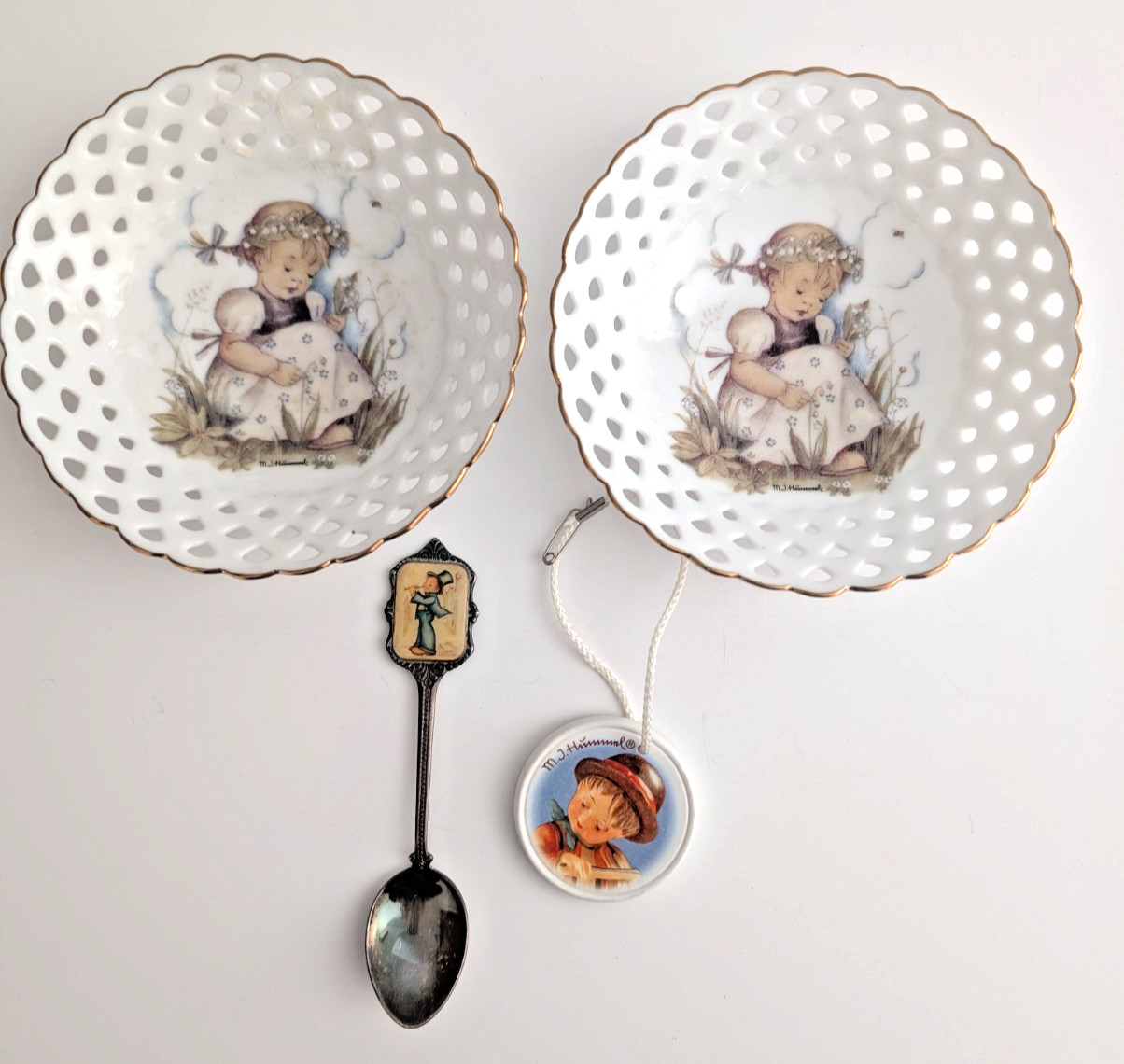 Lot of 4 Hummel Souvenirs from Germany-2 Candy Dish Bowls; 1984 Spoon, Medallion