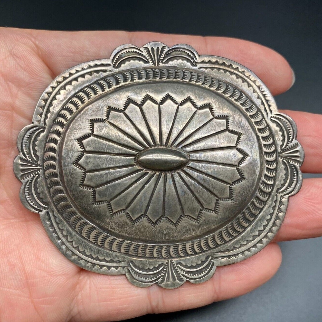 Vintage Navajo Native Concho Hand Stampwork Silver Brooch Pin