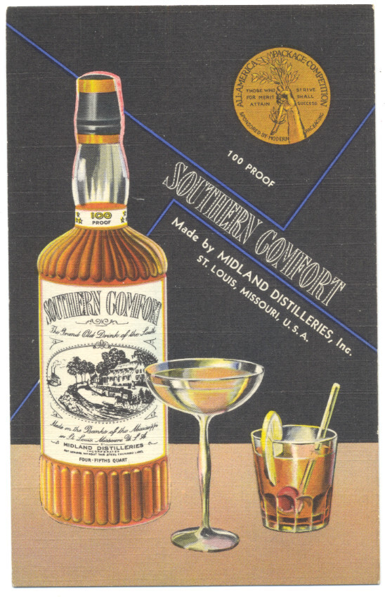 SOUTHERN COMFORT Whiskey 1939 LINEN AD POSTCARD Midland Distilleries ST LOUIS MO