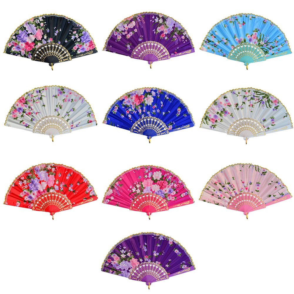 10pcs Floral Folding Hand Fan Vintage Retro Silk Handheld Fans Lace Folding