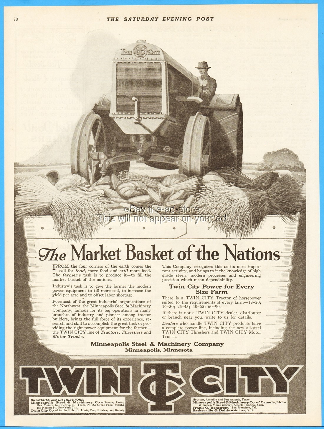1919 Twin City Farm Tractor Minneapolis Steel & Machinery Co Market Basket Ad