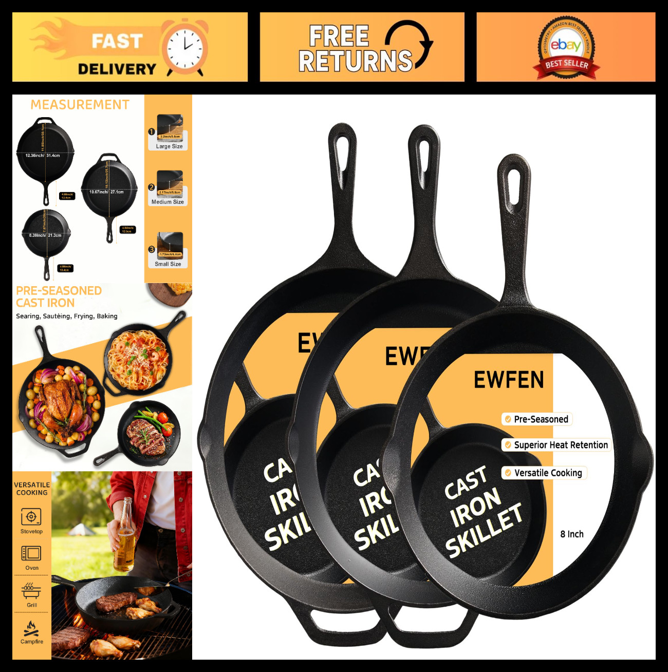3-Piece Cast Iron Skillet Set – 8″, 10″, & 12″ Pre-Seasoned Frying Pans for Indo