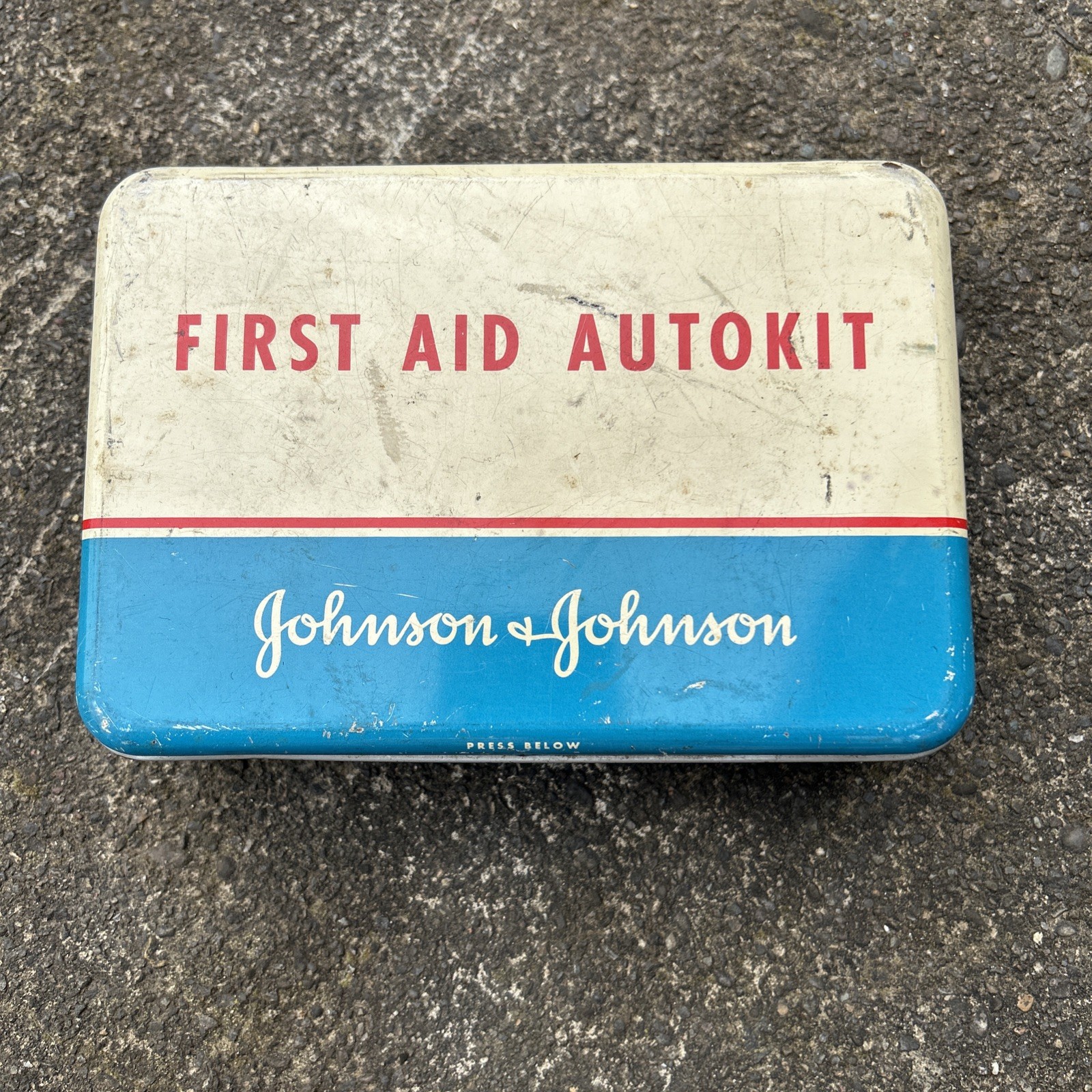 Johnson and Johnson Vintage Metal First Aid Auto Kit Empty Container—