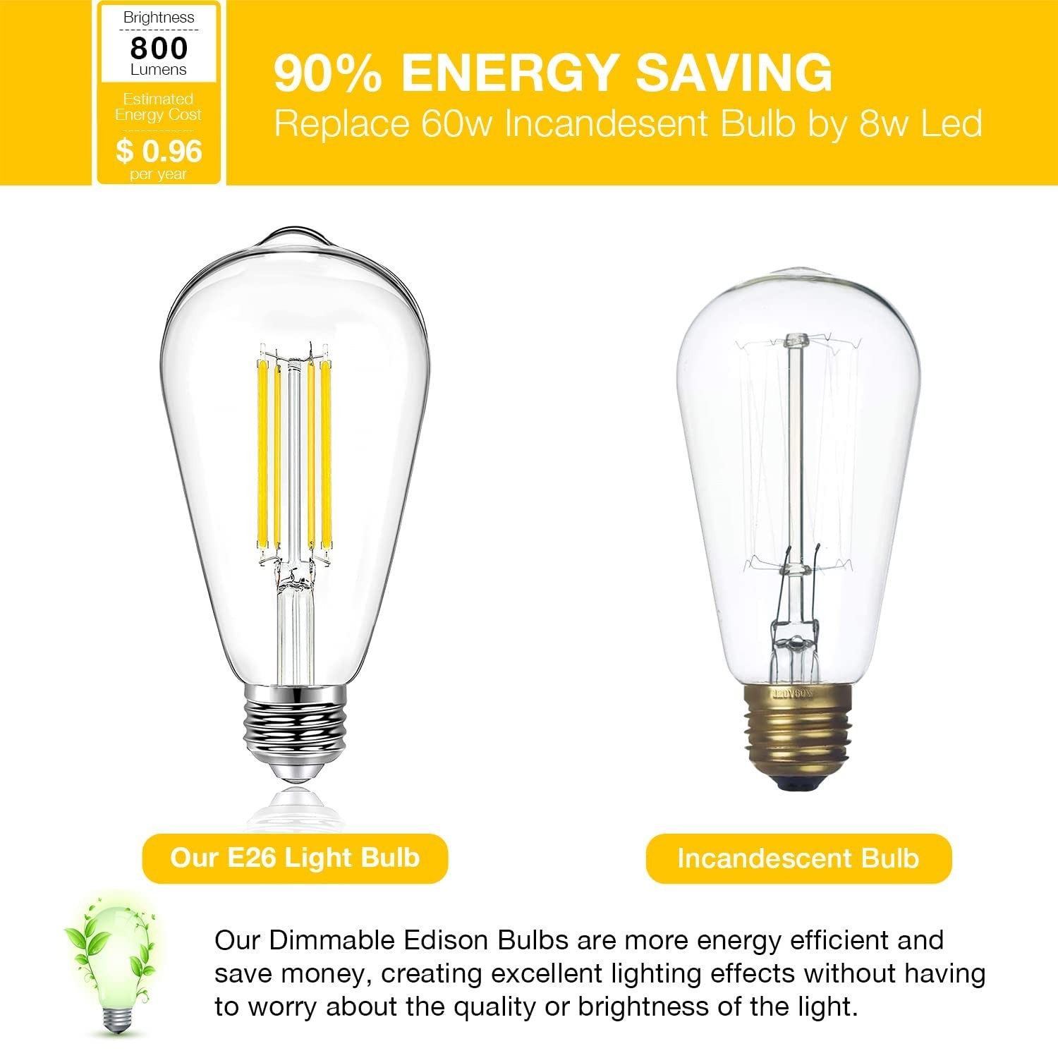 4 Pack Vintage LED Edison Bulbs E26 Warm White