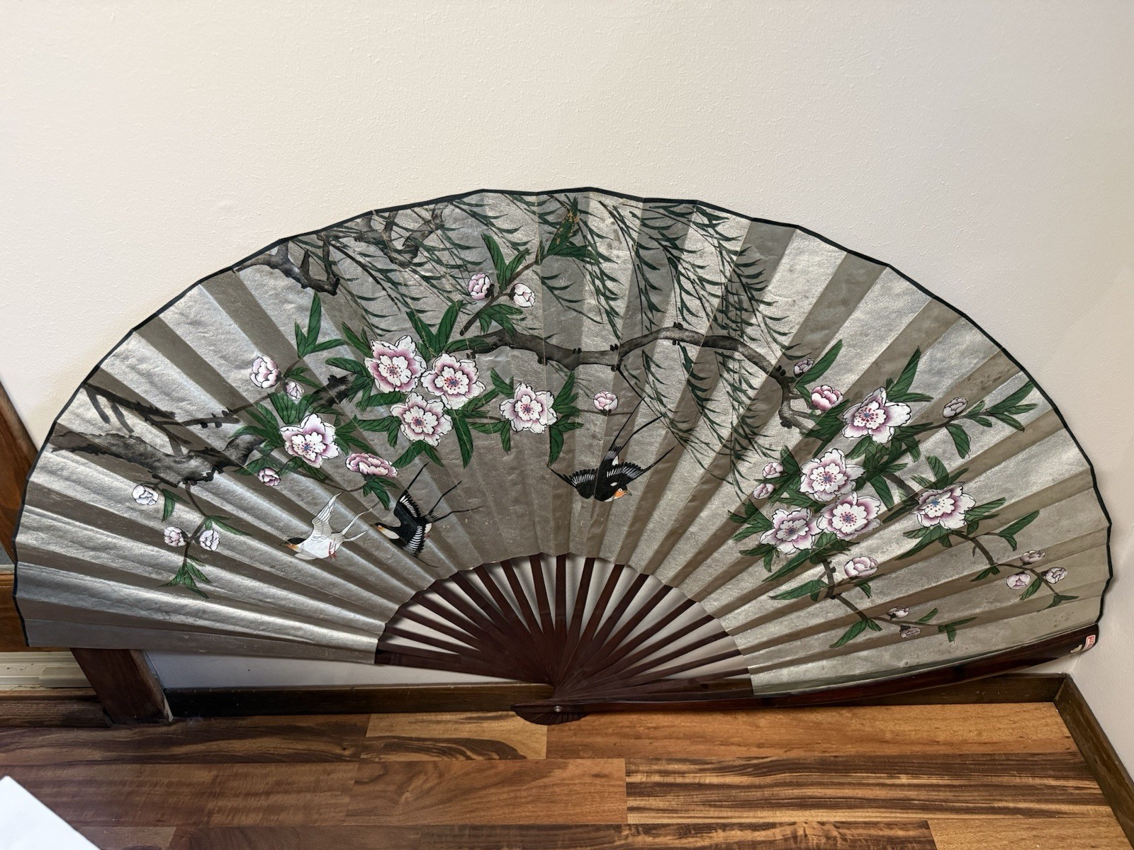 Vintage Very Large Asian Folding Fan Wall Decor Hand Painted 62”birds Blossoms