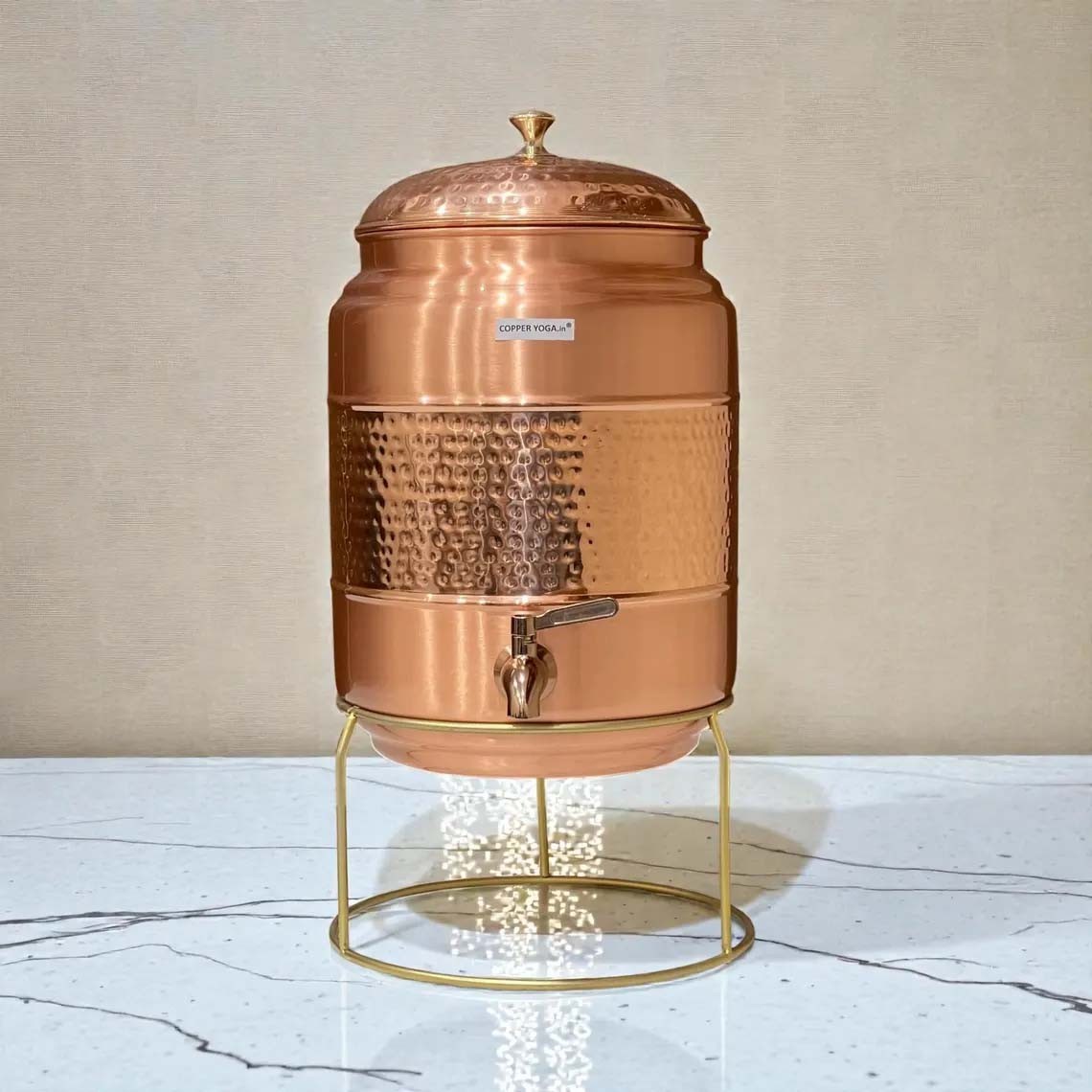 10 L Pure Copper Half Hammered Water Dispenser. Premium Sturdy. Metal Flow Tap