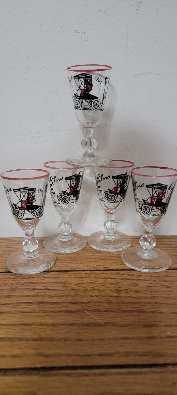 VINTAGE SET OF 5 1950’SRED RIM FORD 1901 SHOT / STEM / CORDIAL / COCKTAIL GLASSE