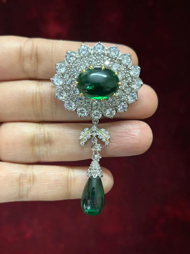 Cambridge Emerald Brooch 14K White Gold Over Diamond Brooch Pin For Women’s