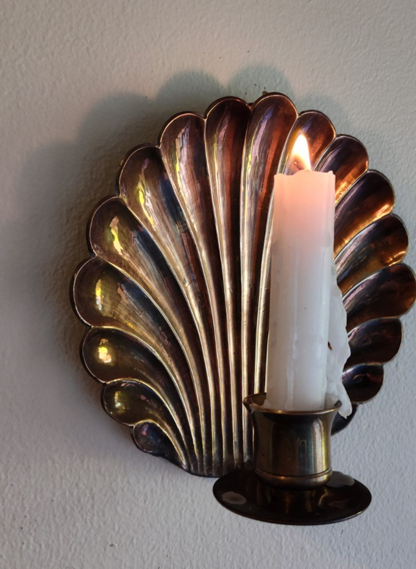 Vintage Solid Brass Clamshell Wall Sconce Candle Holder Heavy Hollywood Regency