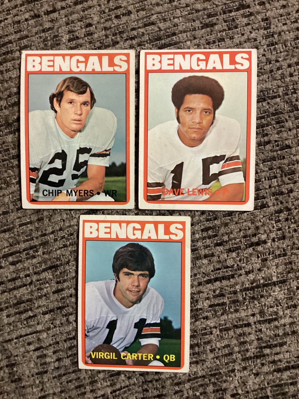 (3) 1972 Topps CINCINNATI BENGALS – Virgil Carter, Dave Lewis, & Chip Meyers