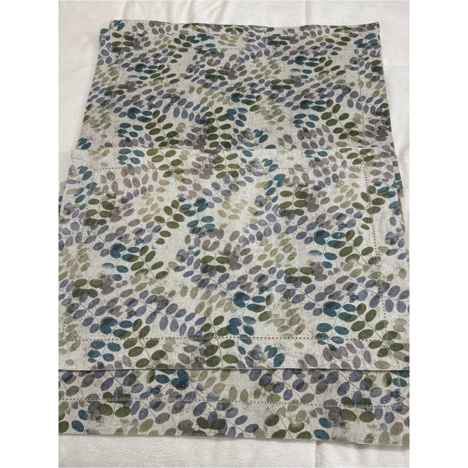 Noble Excellence Botanical Leaf Placemats Set of 4 Cotton Linen Blue Green