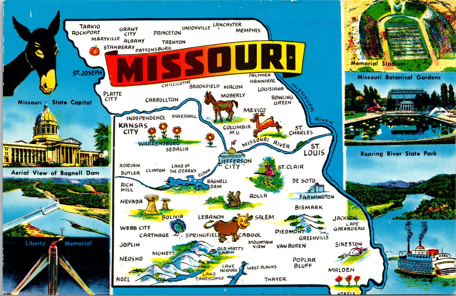 Map of Famous Places in Missouri Vintage Postcard