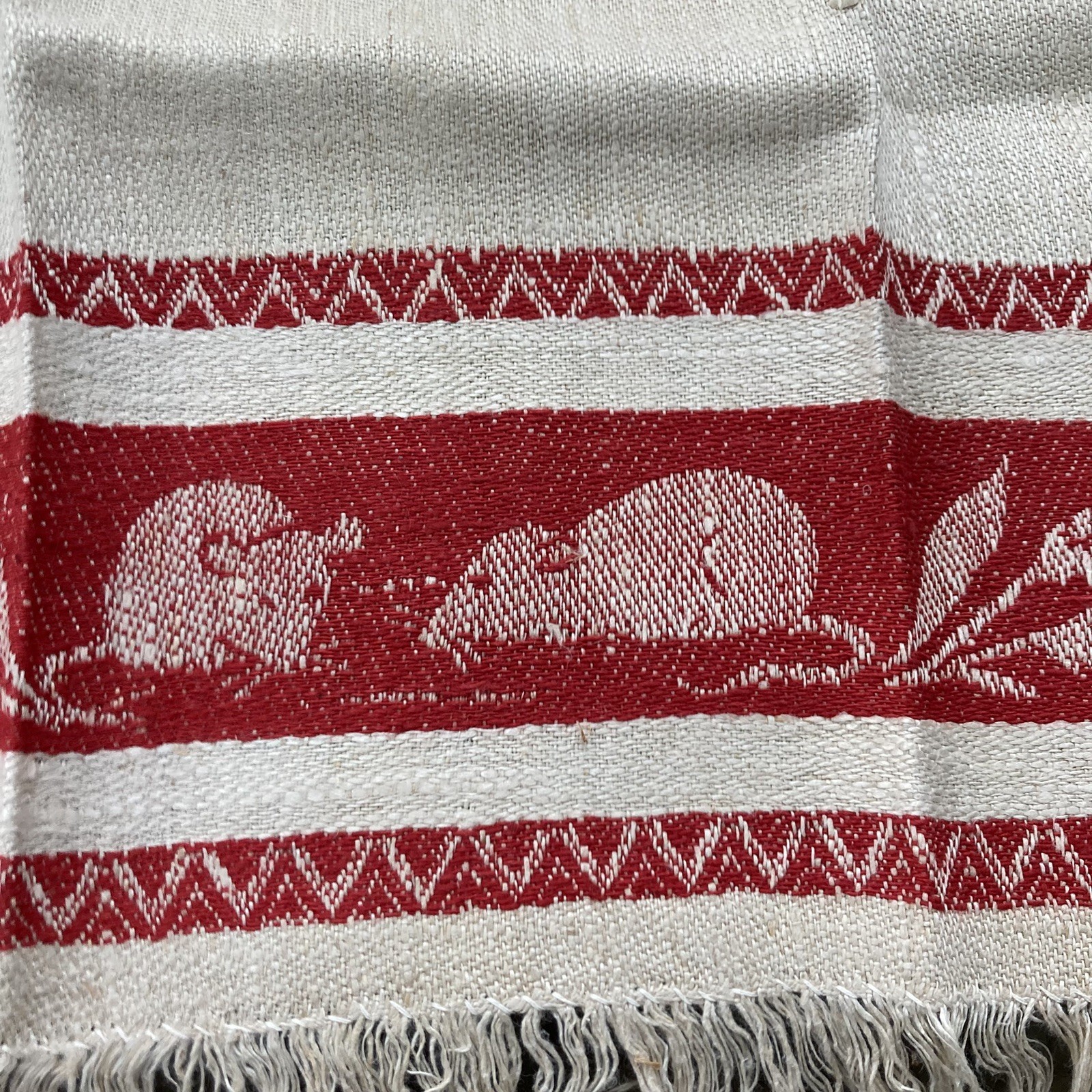 Antique Turkey Red Knotted Fringe Linen Damask Show Bath Towels Mice