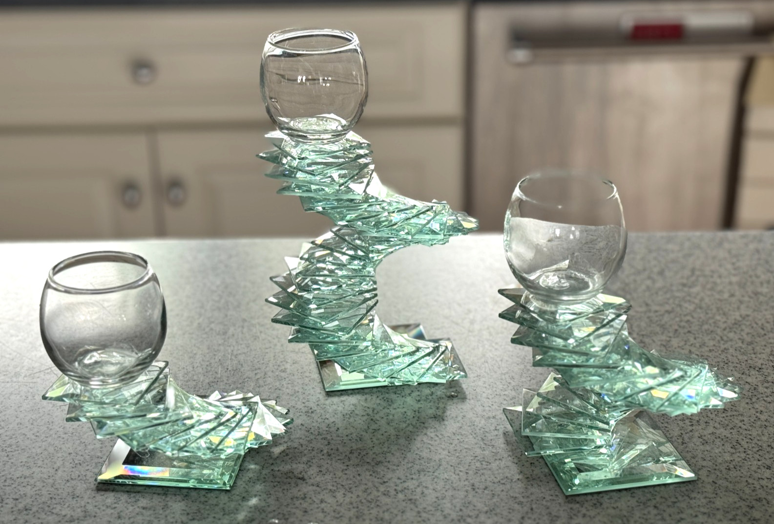 Vintage Art Glass Set 3 Votive Holders Floating Glass Spiral Artist