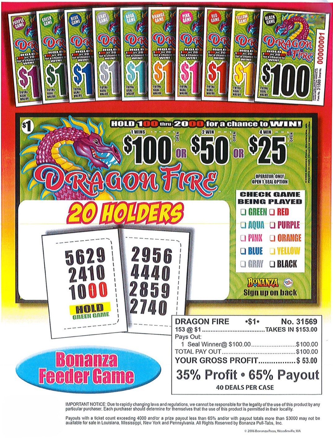 Pull Tab Ticket – Hard Card – Game – 6 Pack Dragon Fire – 153 ct ea